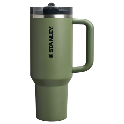 34HD Stanley green 40 oz flip straw tumbler with handle and clear lid for easy drinking